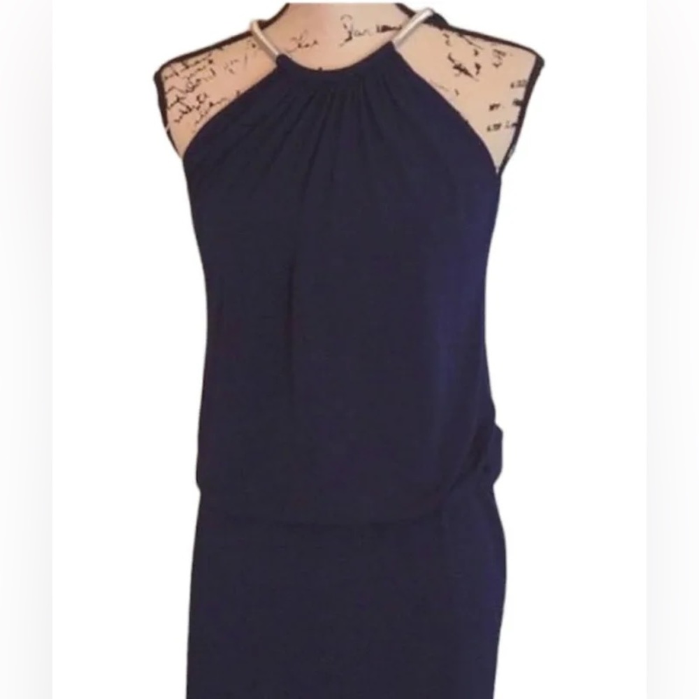 Blue halter dress with silver chain neckline